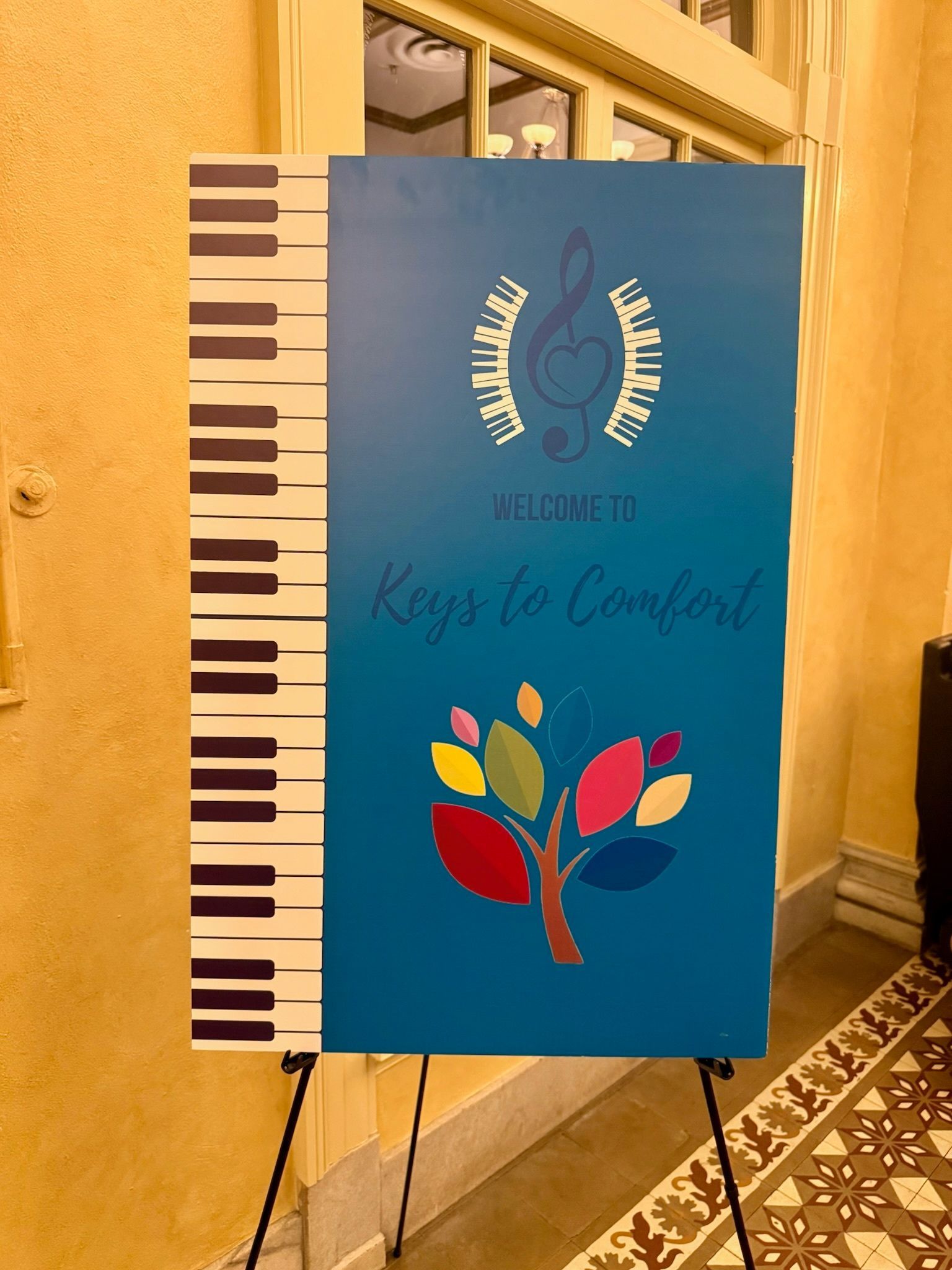A sign that looks like a piano keyboard with keys to comfort written on it