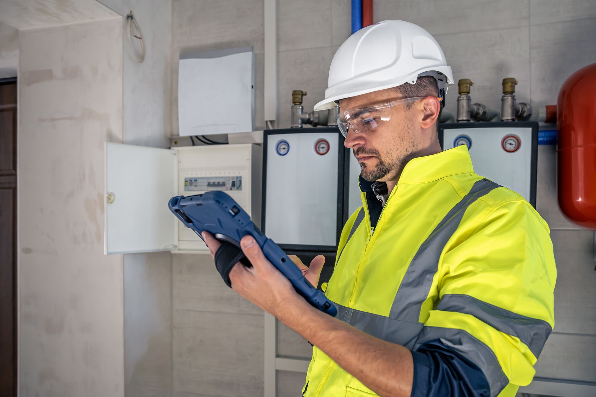 A man in a hard hat and safety vest is looking at a tablet.