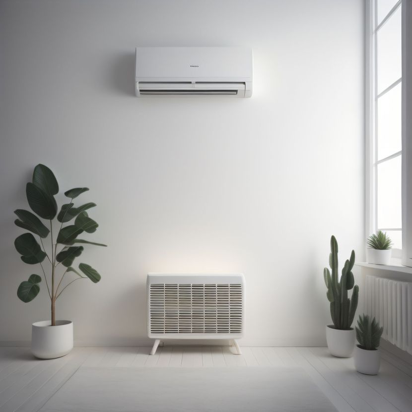 A room with two potted plants and an air conditioner on the wall