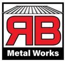 Logo for RB Metal Works, featuring red letters "RB" below a stylized metal roof, with the words "Metal Works" below.