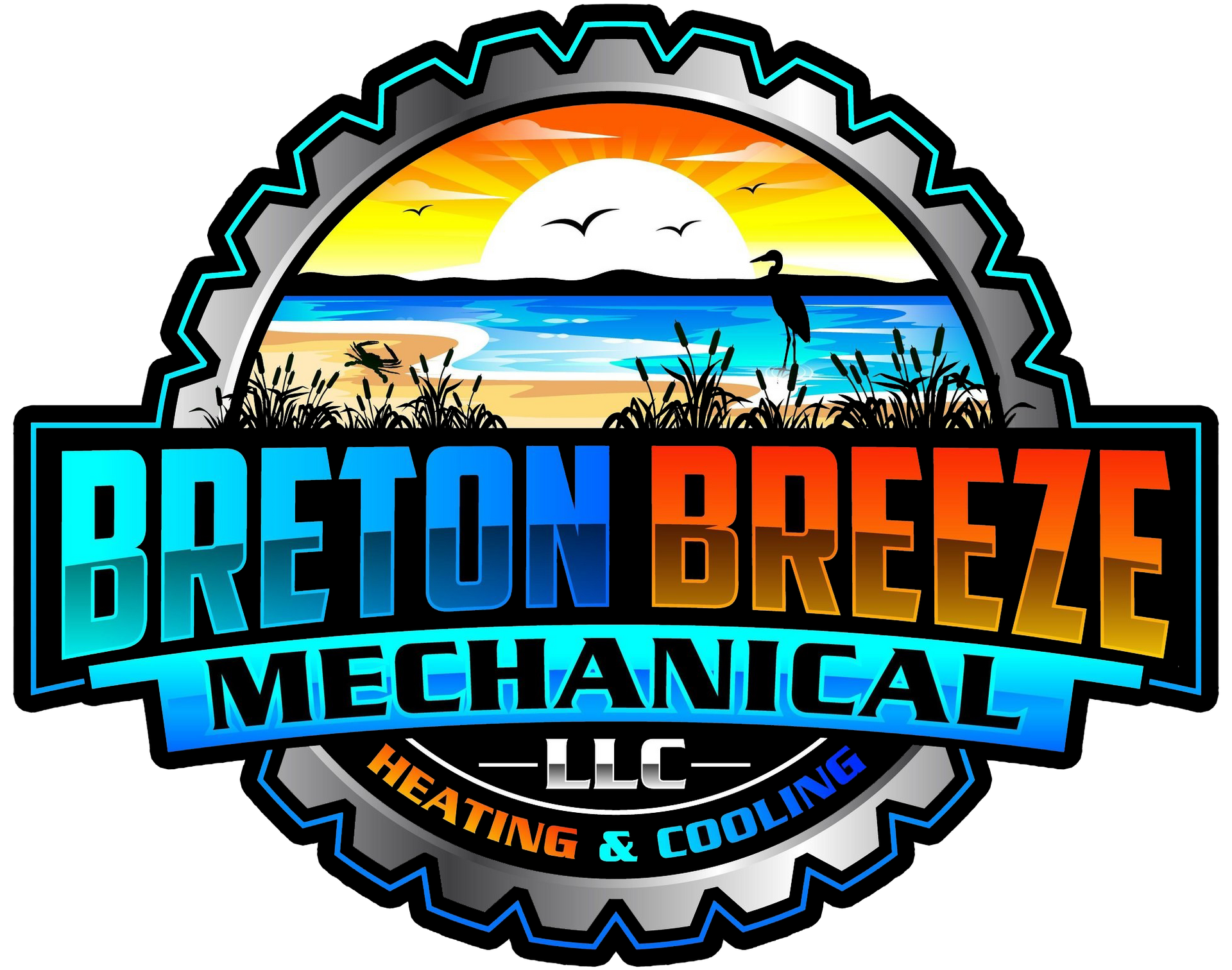 Logo for Breton Breeze Mechanical with beach scene and heating/cooling text.