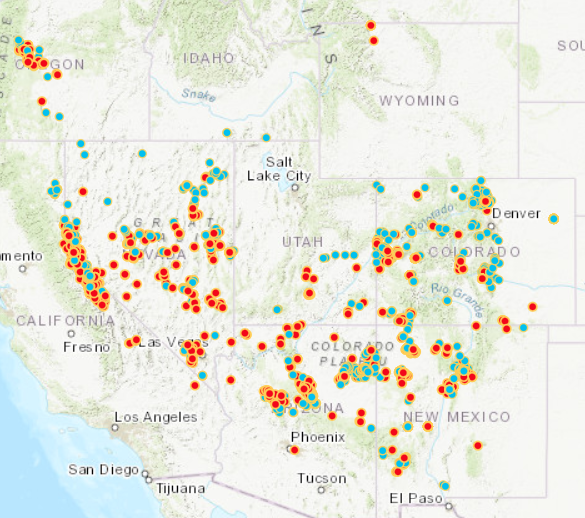 PIJASampling_Oct2024 Pinyon Jay presence (red) and absence (blue) records that are part of the Pinyon Jay Community Science Project database as of early November 2024.