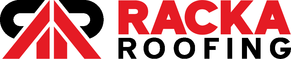 the logo for racka roofing is red and black .