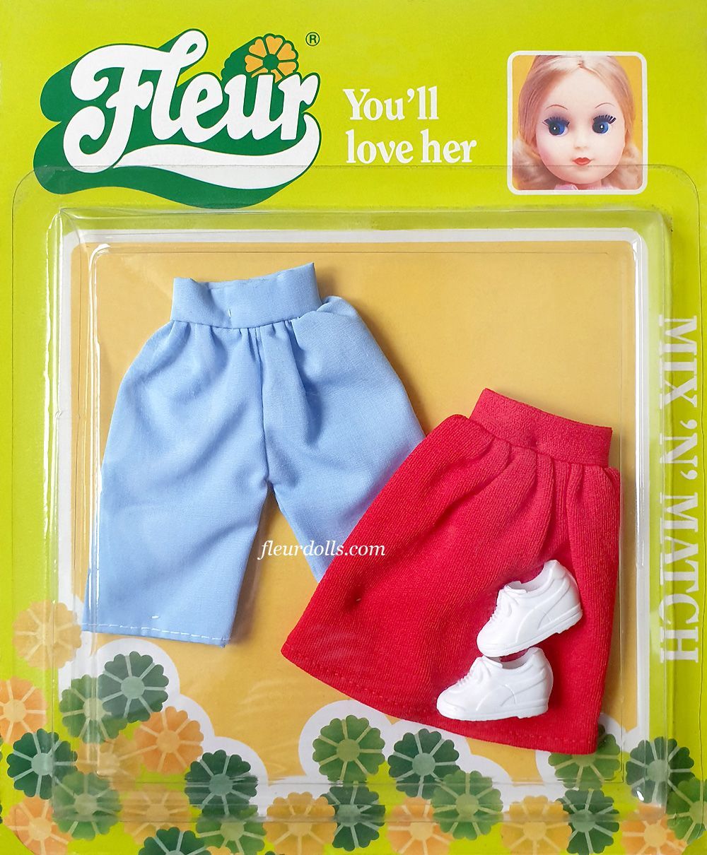 Mix N Match outfit in blister box for Fleur fashion doll with blue shorts, red skirt and white running shoes.