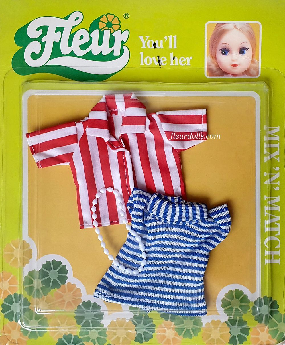 Mix N Match outfit in blister box for Fleur fashion doll with white-red collar shirt, white-blue sleeveless shirt, and white necklace.
