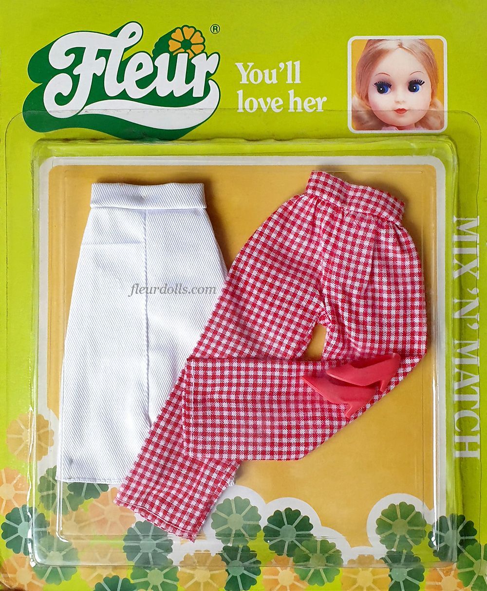 Mix N Match outfit in blister box for Fleur fashion doll with white cotton pencil skirt, white-red gingham pants, and red high heels.