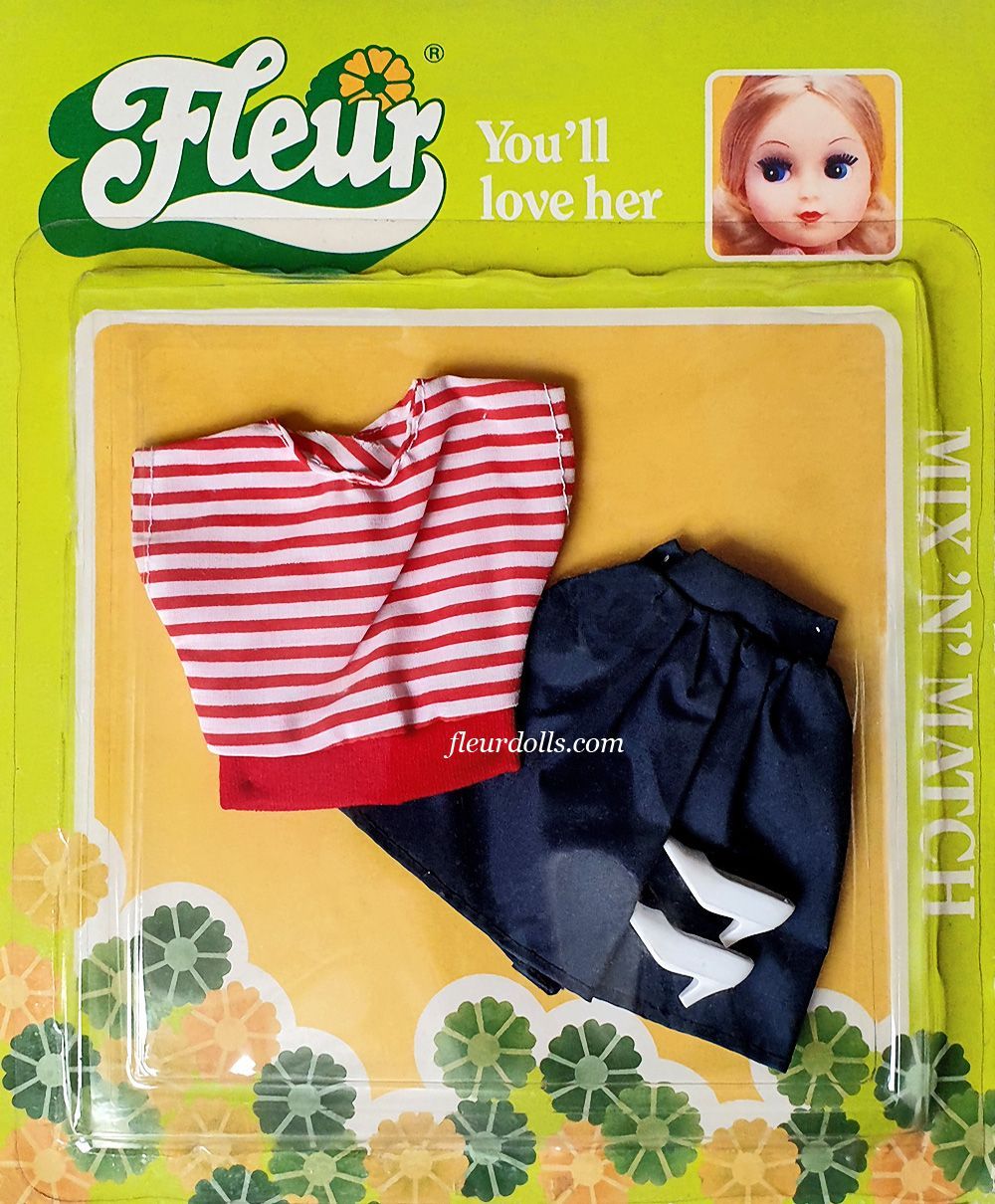 Mix N Match outfit in blister box for Fleur fashion doll with white-red striped sleeveless shirt, black skirt and white high heels.