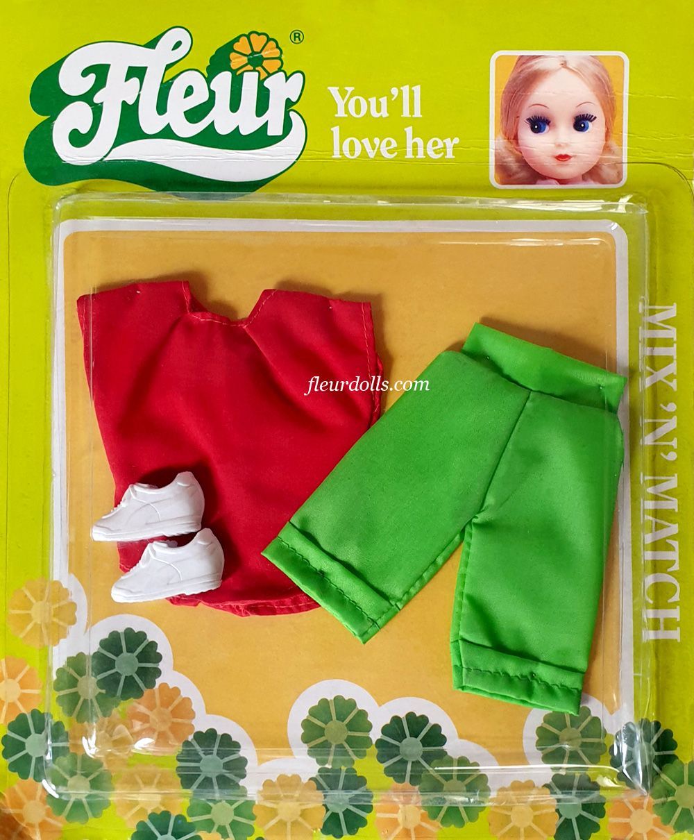 Mix N Match outfit in blister box for Fleur fashion doll with red sleeveless shirt, green nylon shorts, and white running shoes.