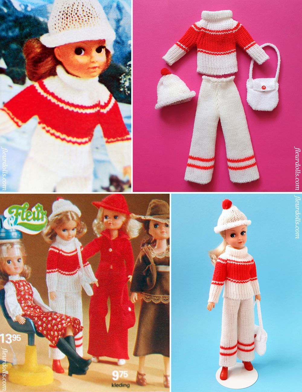 Fleur doll knitted set 1208 white red sweater hat Otto Simon Dutch Sindy