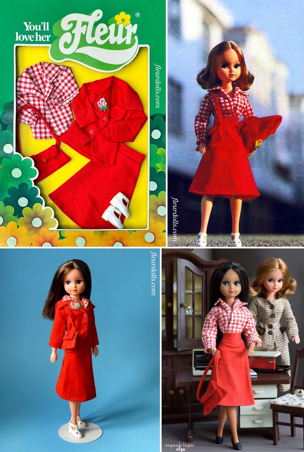 Fleur doll fashion 1225 NRFB red suit jacket and skit with red-white checked blouse and red bag.