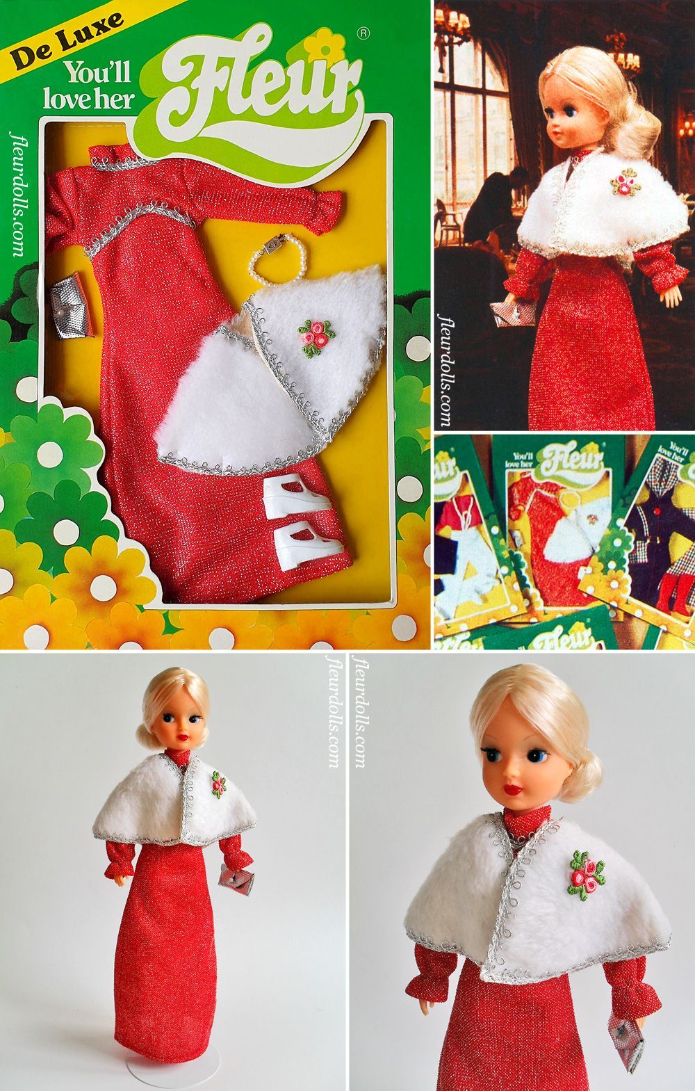 Fleur doll red theatre dress fashion 1234 red glitter outfit white fur