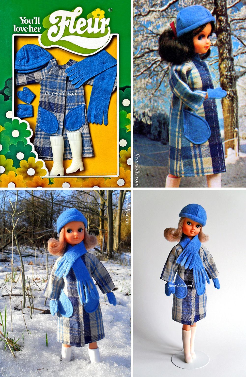 Fleur doll in blue plaid coat, hat, scarf, and gloves, outfit number 1239, also NRFB in box.