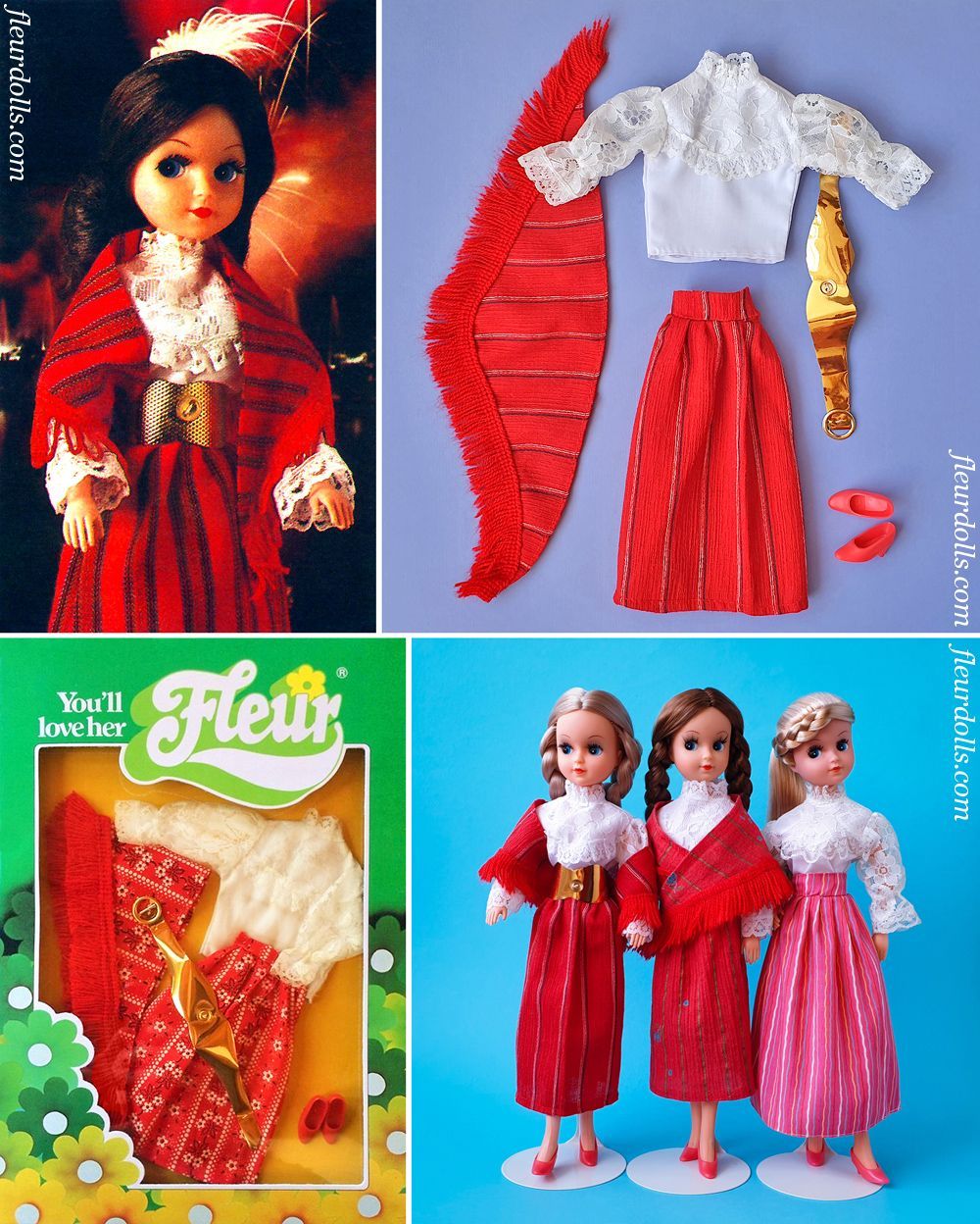 Fleur doll fashion 1263 red pink skirt shawl Victorian blouse Otto Simon Dutch Sindy
