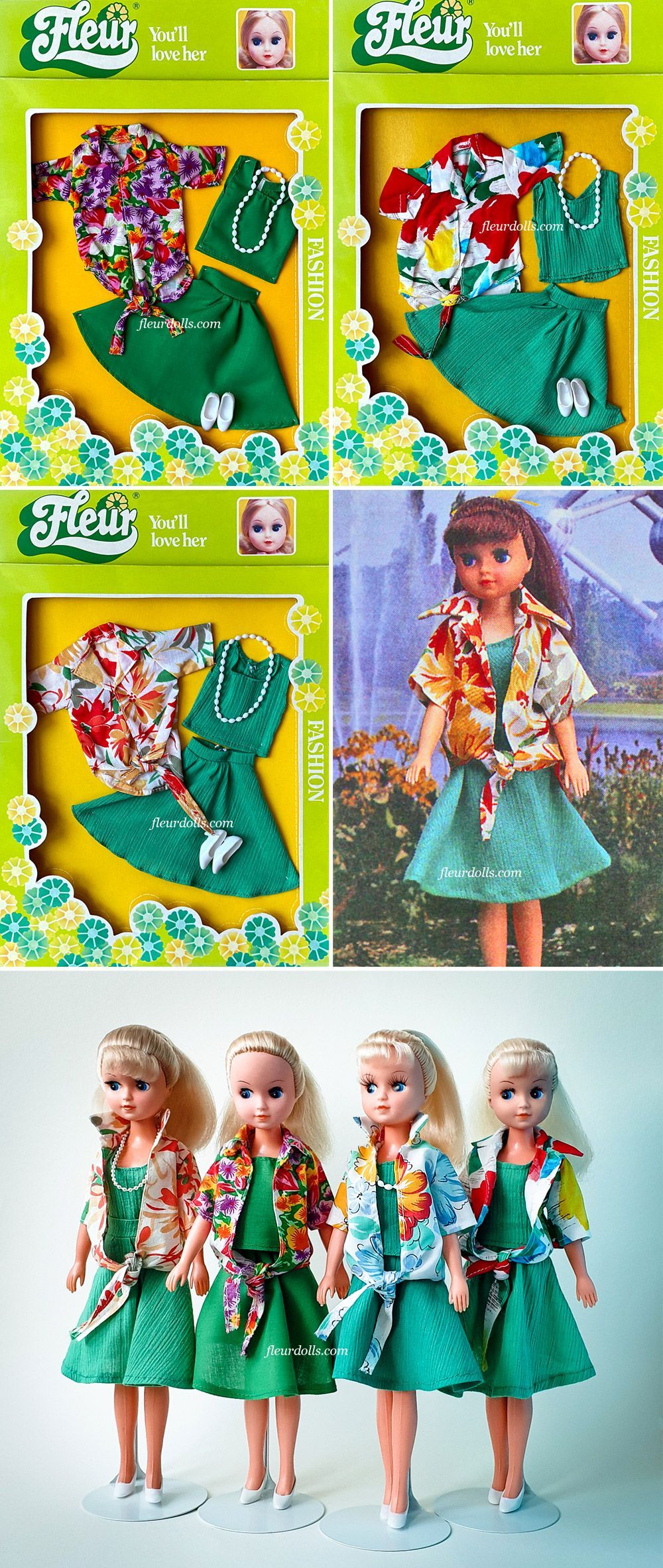 Fleur doll wears fashion #1281 - sleeveless green top, green skit, and oversize flower shirt with a front tie, with white necklace and white pumps.