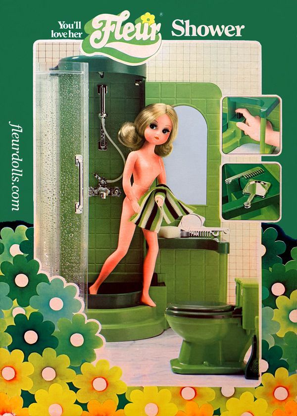 Fleur doll shower in box - green cabin with clear door and accessories, with pump mechanism, by Otto Simon 1980s.