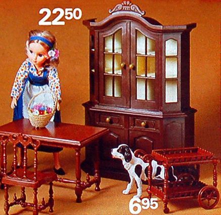 Fleur doll brown living room setup with table, chairs, cupboard and tea trolley 1980s Otto Simon