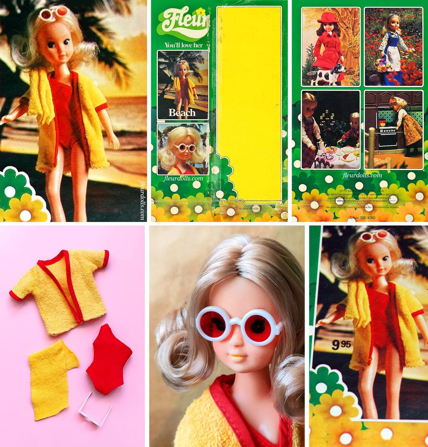 Beach Fleur doll Otto Simon 1980 red swimsuit yellow bathrobe sunglasses