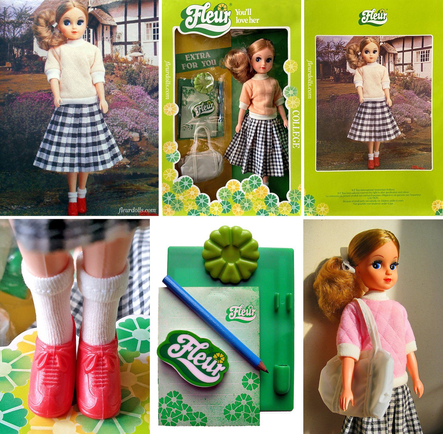 College Fleur doll by Otto Simon wearing black and white checkered dress and pink or yellow sweater.
