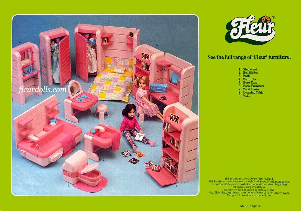 Back of box of Fleur New Look pink furniture, showing the promo photo of the full set, and a list of items available in the collection. 