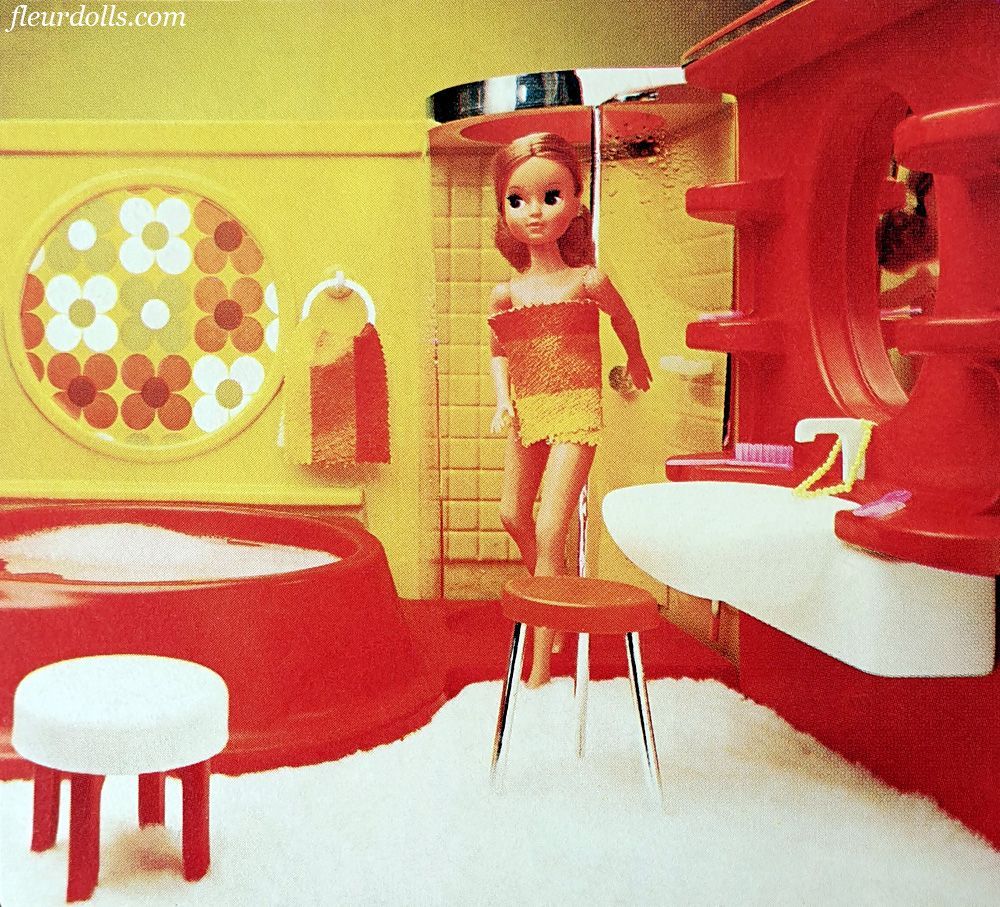 Promo photo for Fleur doll 1980s orange bathroom in one piece, sold fully assembled with sink, bathtub and shower.