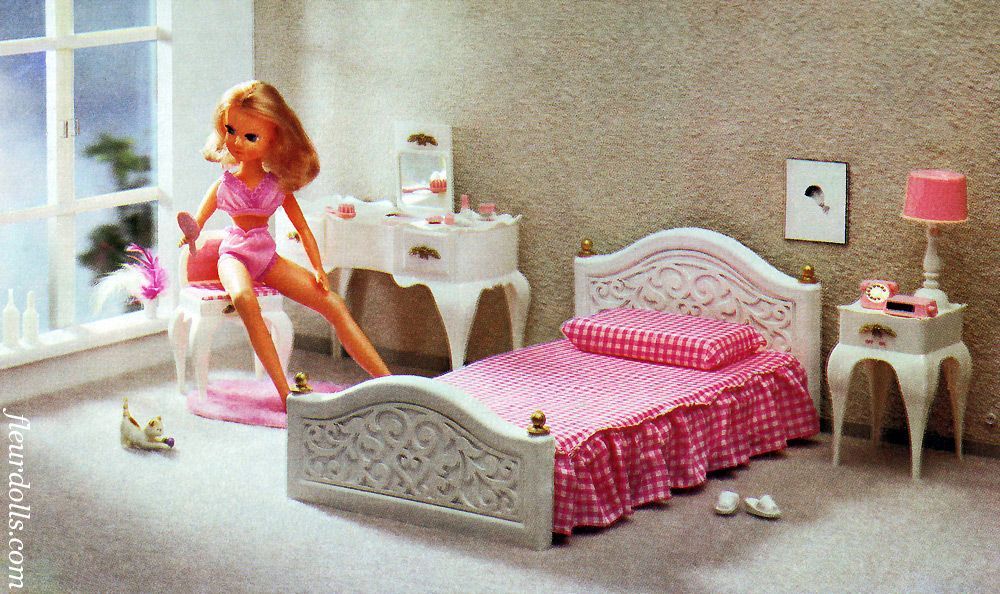 Fleur doll beautiful white and pink bedroom set with bed, bedside table, and make-up table.