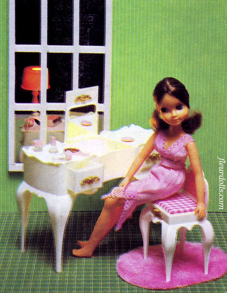 Fleur doll promo photo showing white pink make-up table by Otto Simon 1980s.