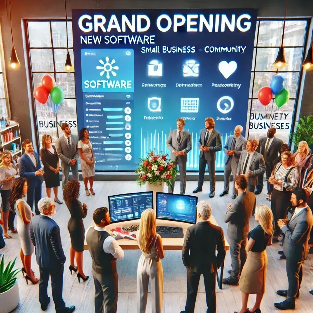 Grand opening of a software company; people gathered in an office, screen displaying icons, balloons.