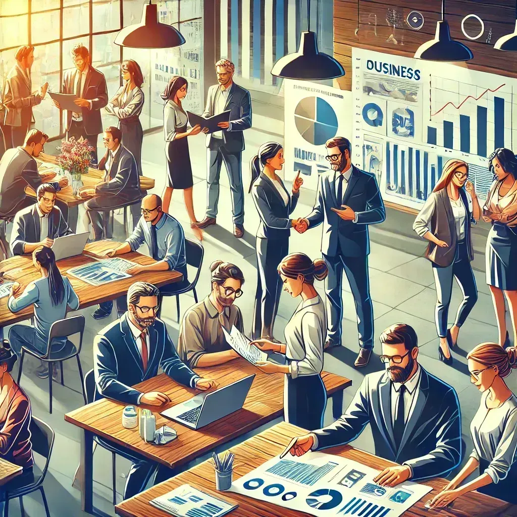 Business professionals in a modern office, collaborating on projects, analyzing data, and shaking hands.