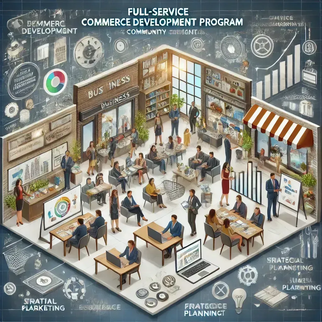 Isometric view of a full-service commerce development program. People in various business settings with diagrams.