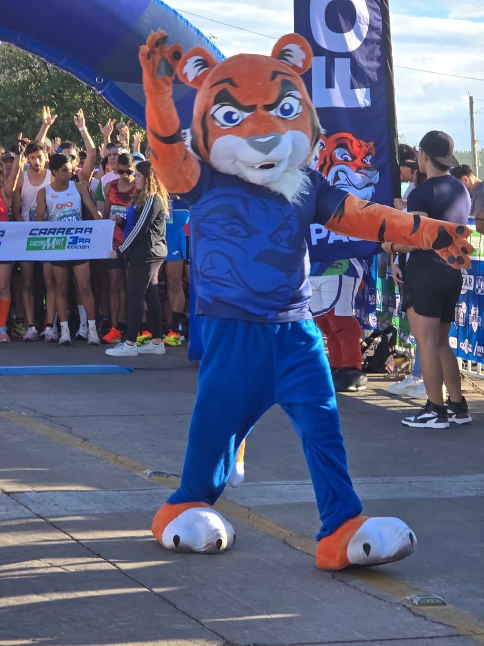 La mascota del tigre anima al inicio de una carrera, vestida de azul y naranja. Corredores y una pancarta al fondo.