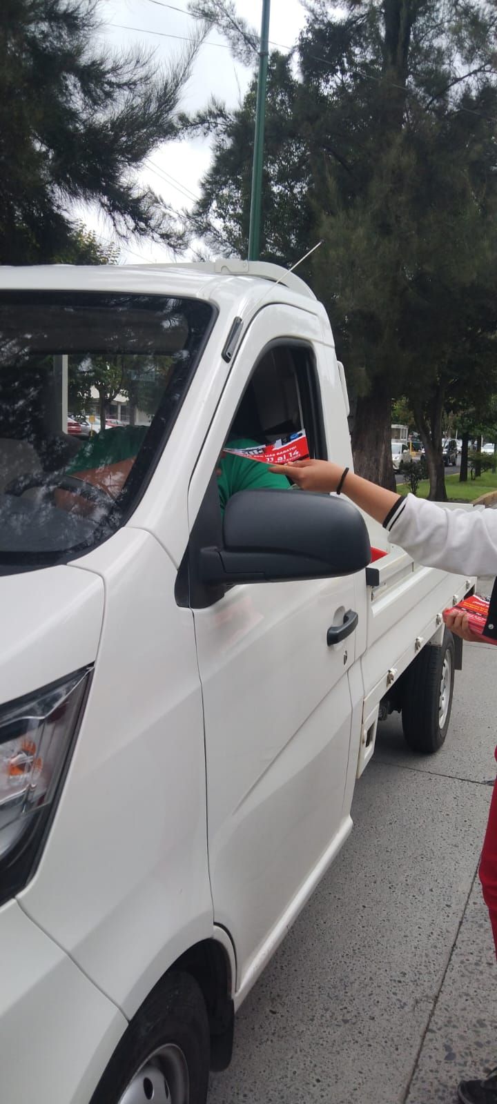 Persona entregando una banderita a alguien en una camioneta blanca. Árboles y cielo nublado al fondo.