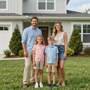 Happy family outside their home
