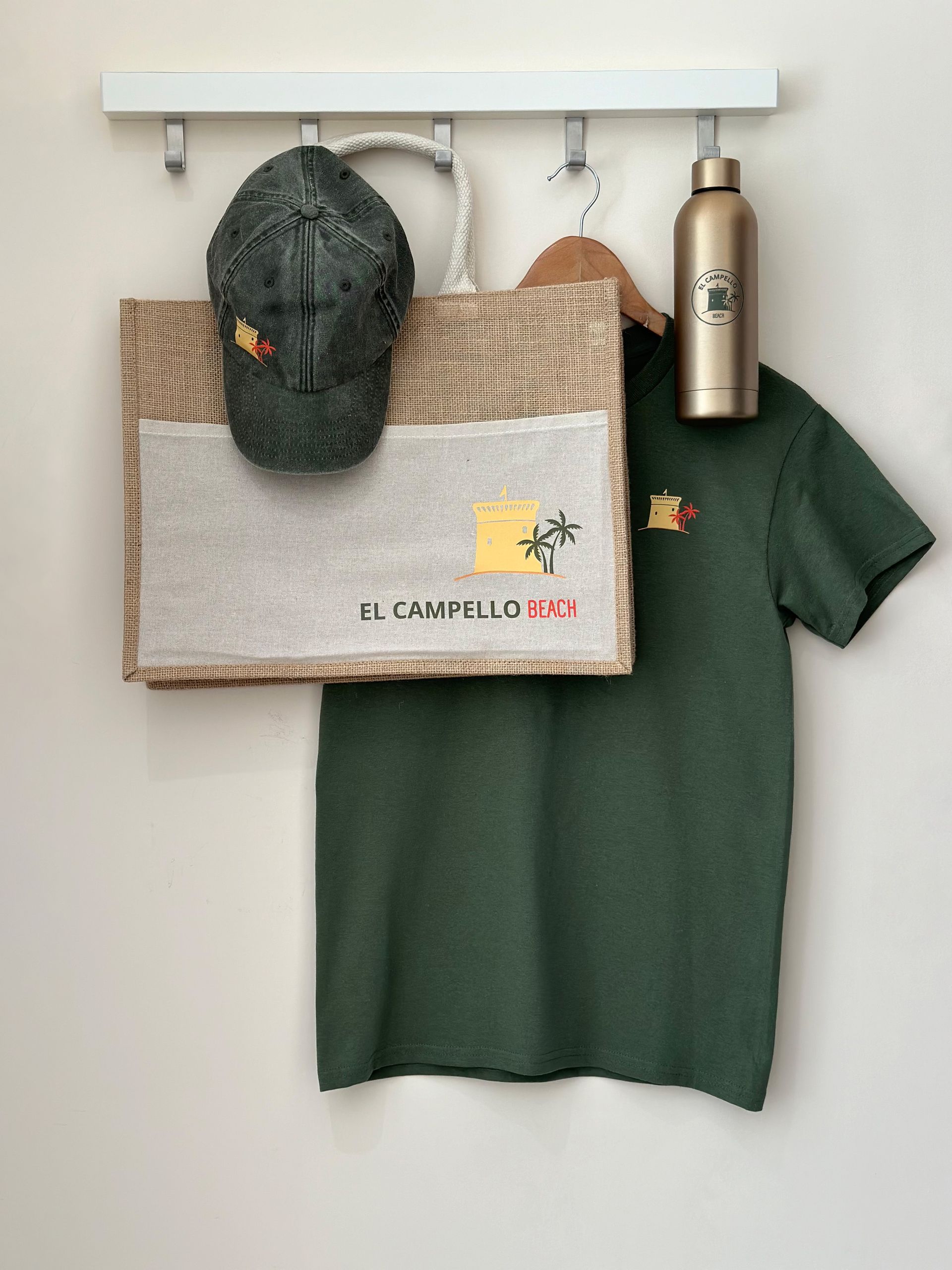 Green t-shirt, cap, bag and a waterbottle