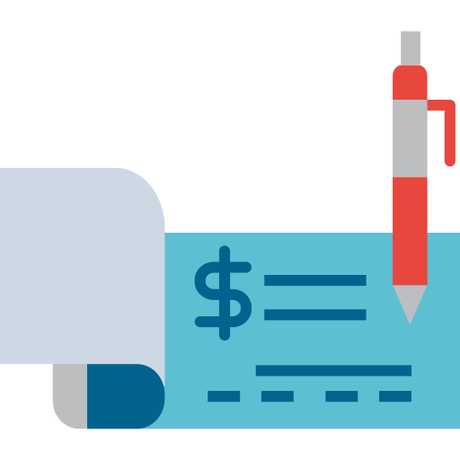 A pen is writing on a check with a dollar sign on it.