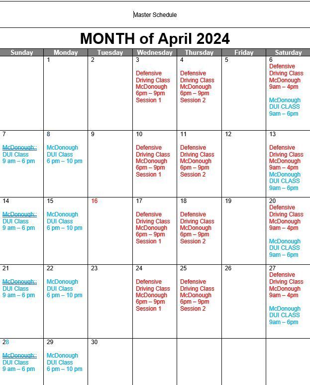 June 2023 Schedule — McDonough, GA — DUI South
