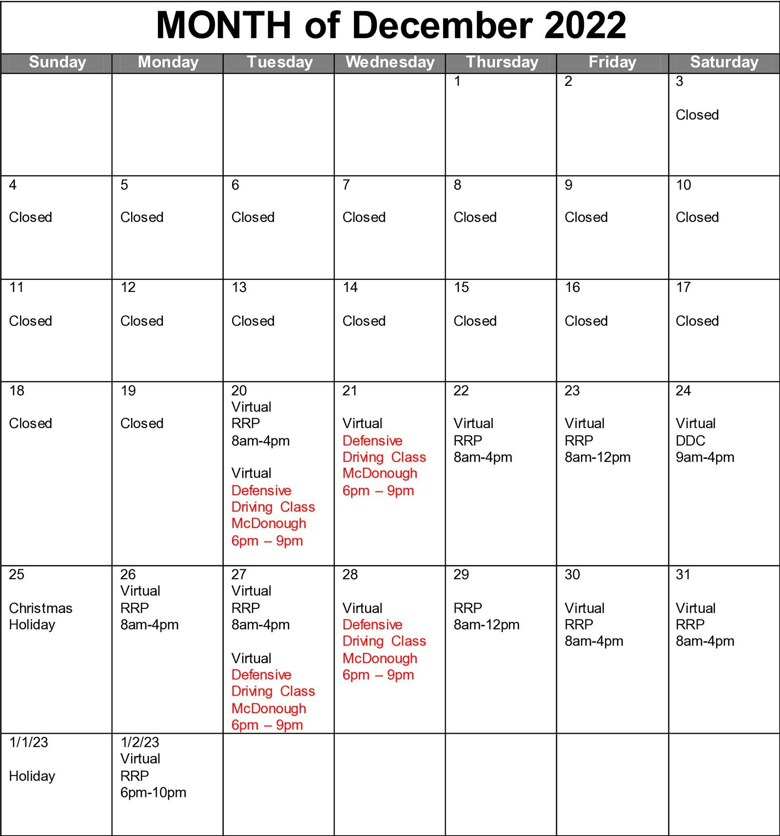 December Schedule 2020 — McDonough, GA — DUI South