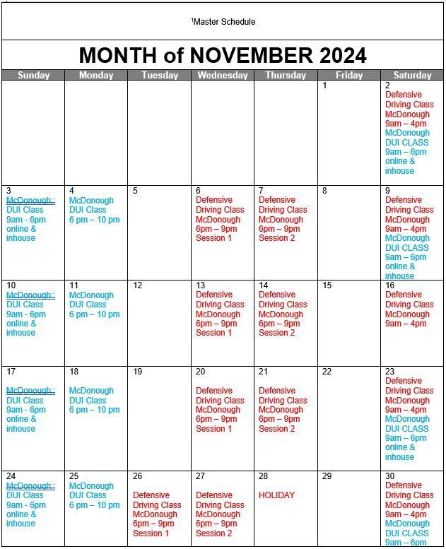 November 2024 Schedule — McDonough, GA — DUI South