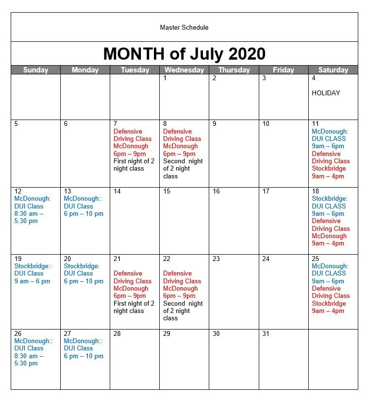July Schedule 2020 — McDonough, GA — DUI South