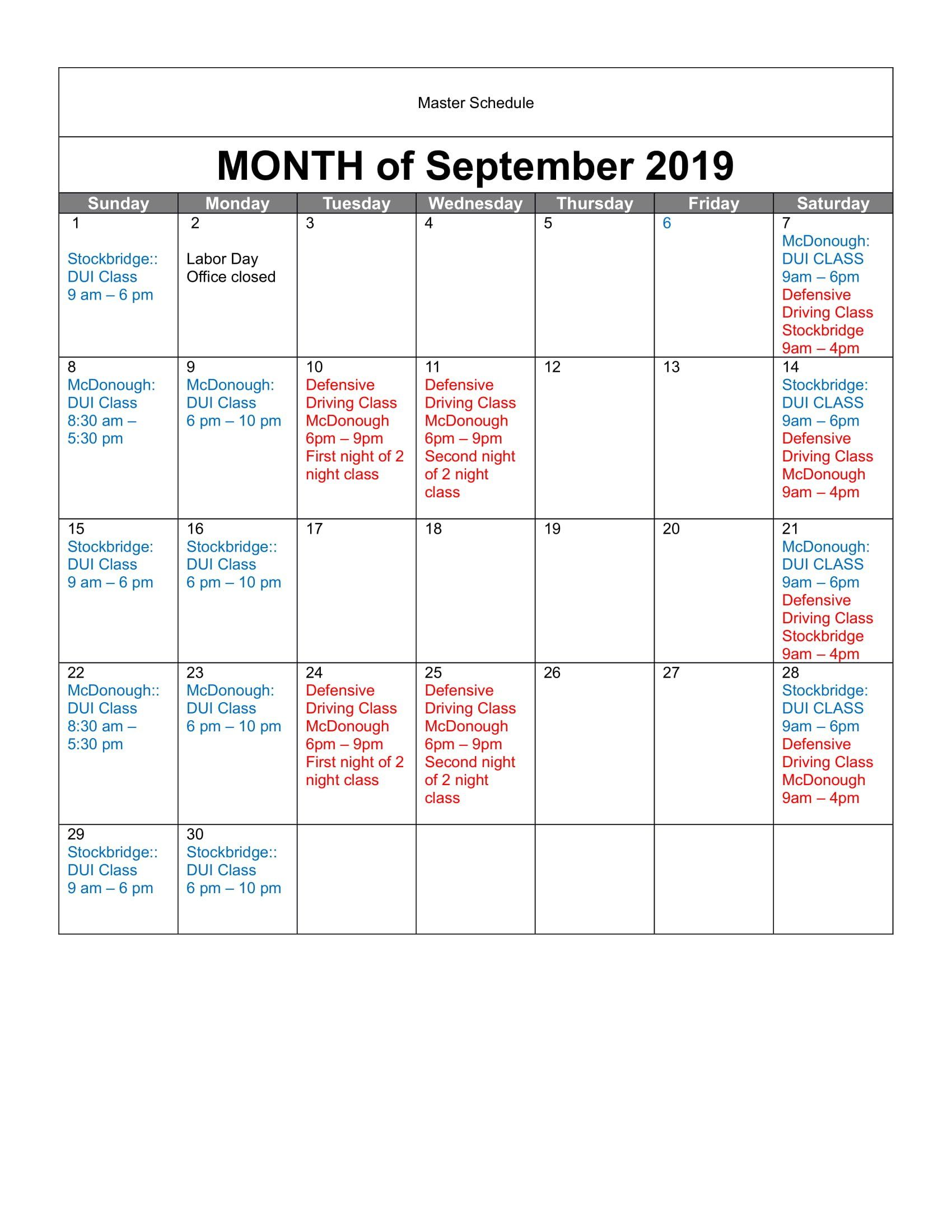MONTH of September Schedule 2019