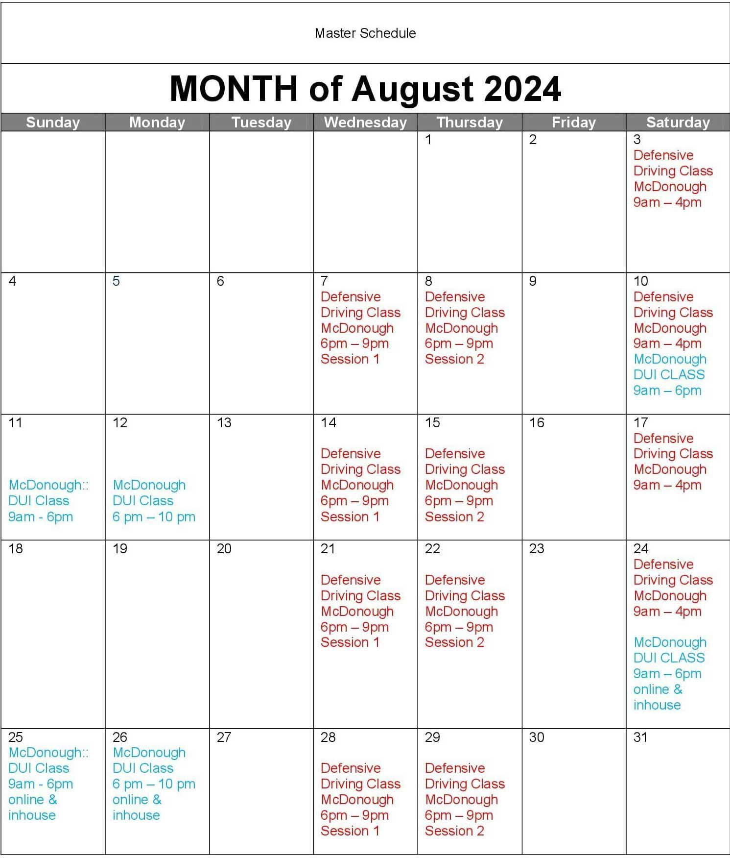 August 2024 Schedule — McDonough, GA — DUI South