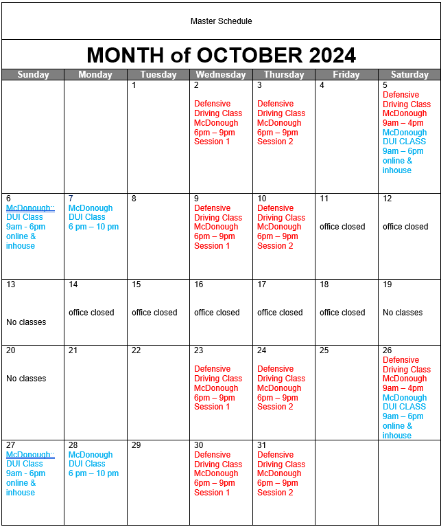 October 2024 Schedule — McDonough, GA — DUI South