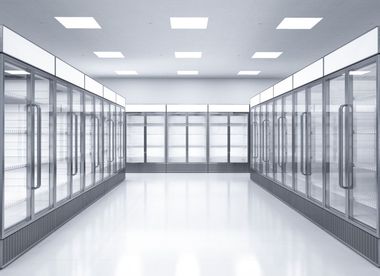 Empty modern supermarket aisle with glass-door refrigerators and bright white flooring