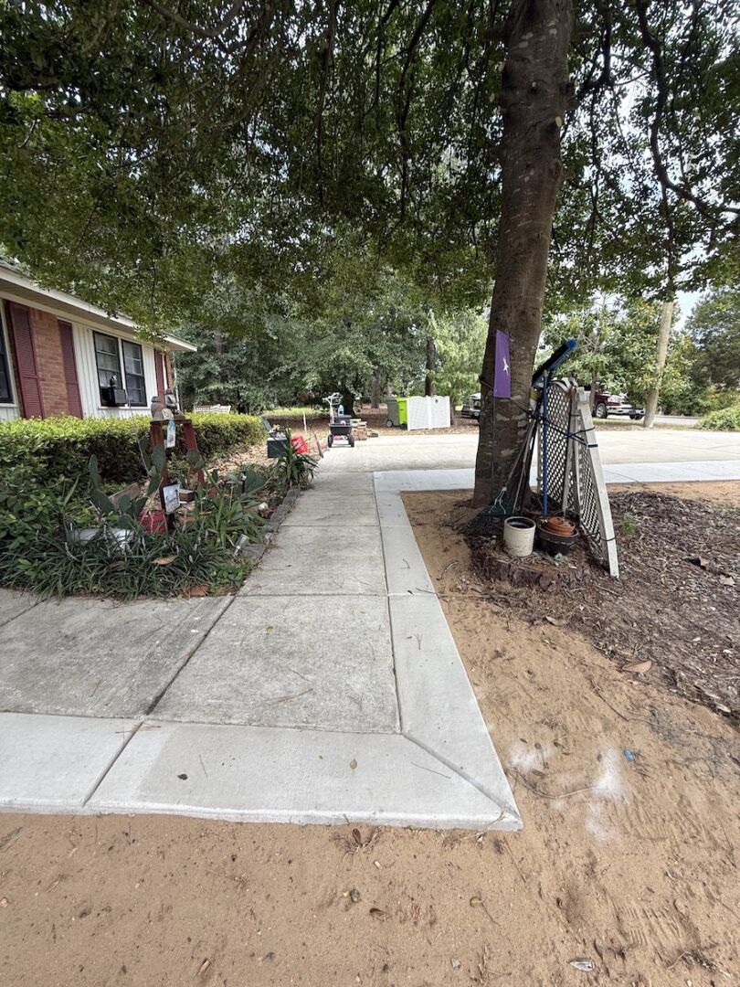 Concrete sidewalk along a house exterior with landscaping and a large tree in a residential yard.