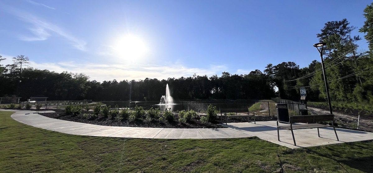 A sunny park scene featuring a paved walking path, landscaping, and a distant fountain in a lake surrounded by trees.