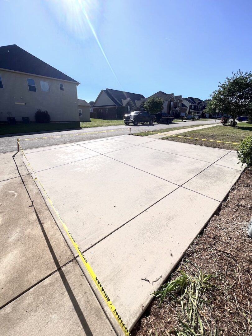 A concrete driveway section cordoned off with yellow caution tape in a suburban residential neighborhood.