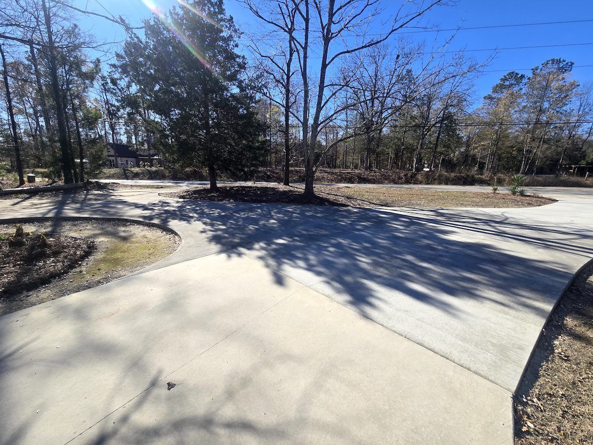 A paved driveway winds through a sunny, wooded residential area with bare trees and clear blue skies.
