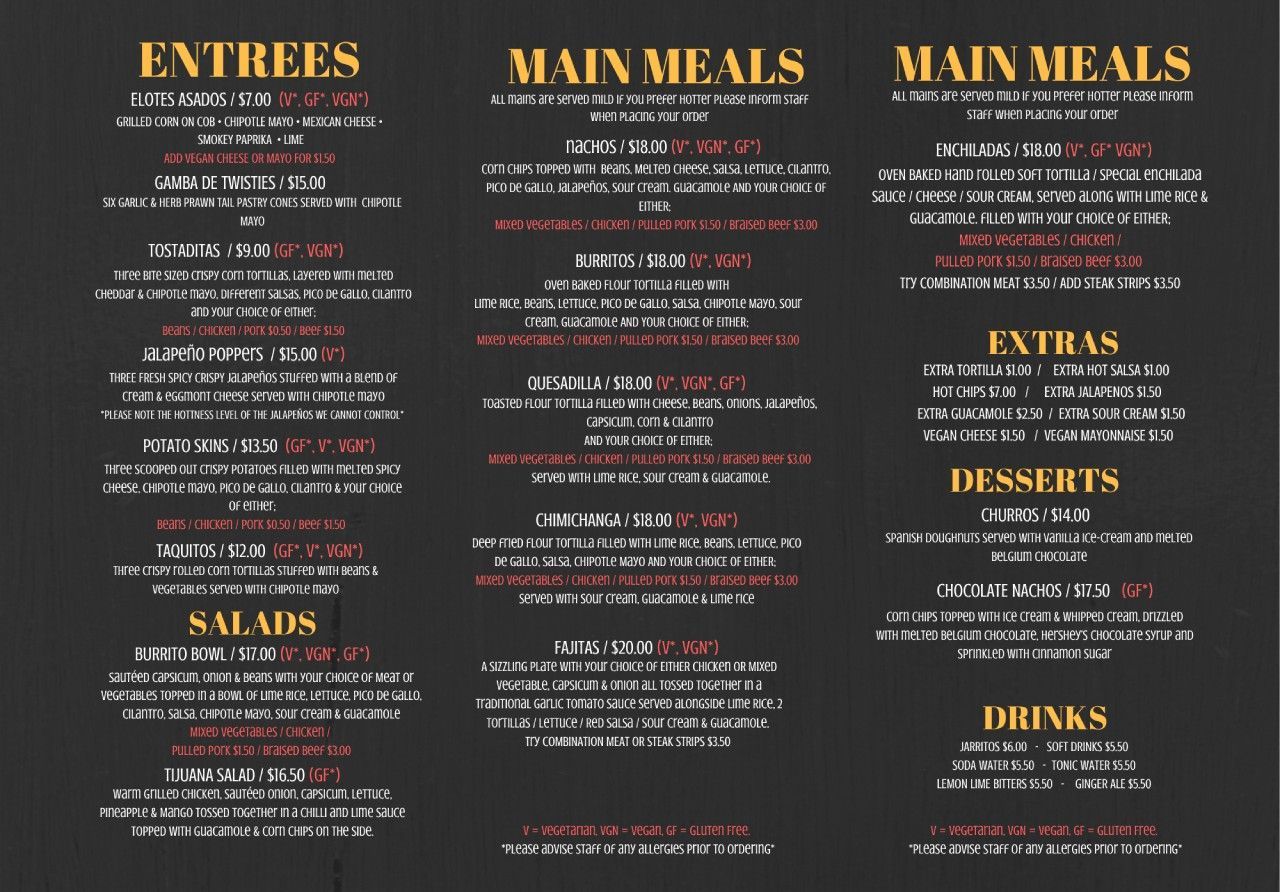 Tequila 'n' Tacos takeaway menu with appetizers, tacos
