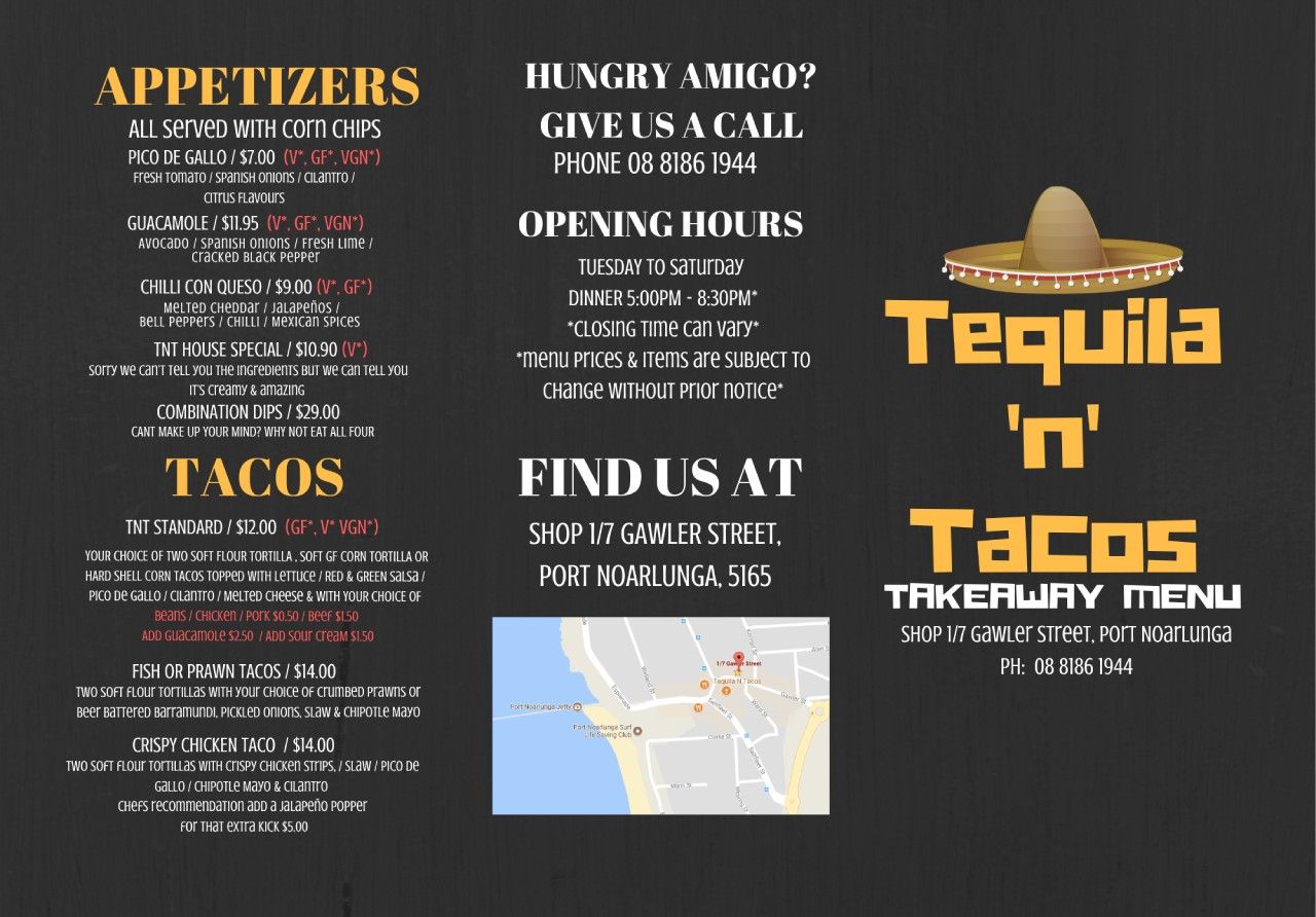 Tequila 'n' Tacos takeaway menu with appetizers, tacos