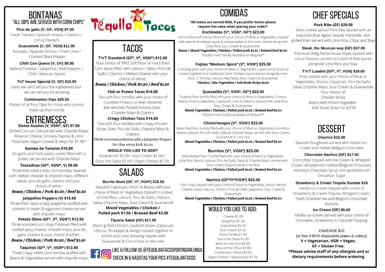 Tequila 'n' Tacos takeaway menu with appetizers, tacos