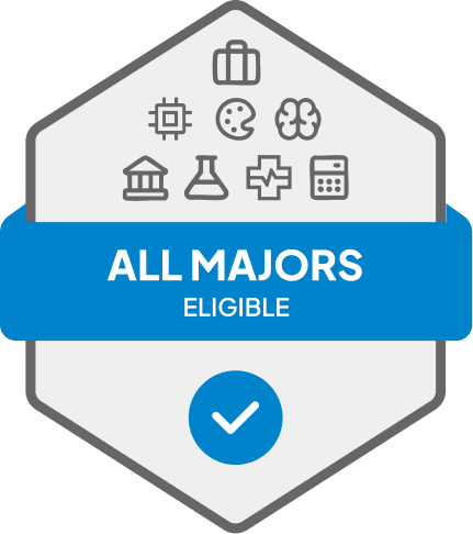 Badge with blue banner: 